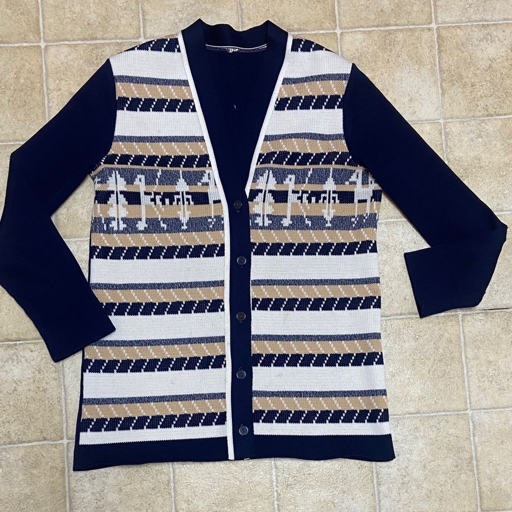 VTG,ILGWU Union Made In USA Navy and Beige Patterned Cardigan Size M Approx,